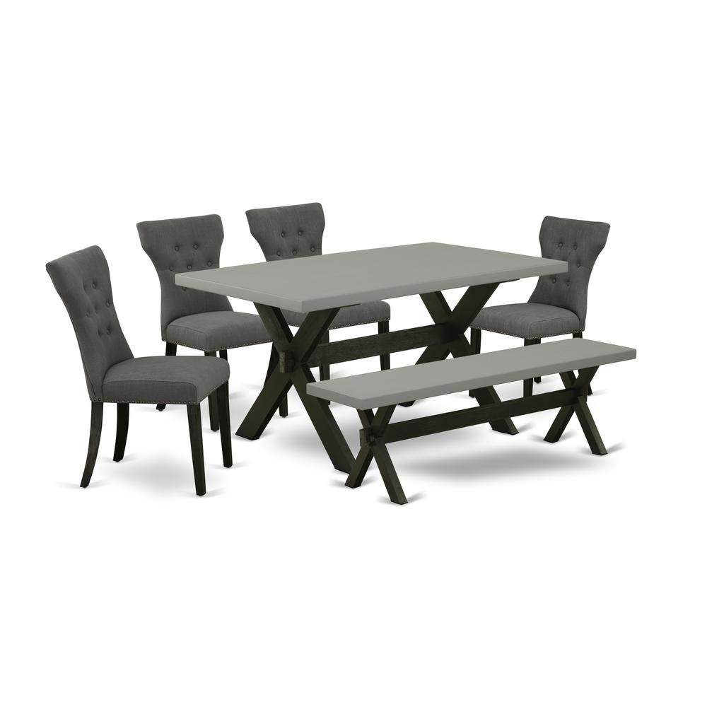 East West Furniture 6-Piece Dining room Table Set-Dark Gotham Grey Linen Fabric Seat and Button Tufted Chair Back Dining chairs, A Rectangular Bench and Rectangular Top Mid Century Dining Table with W. Picture 1