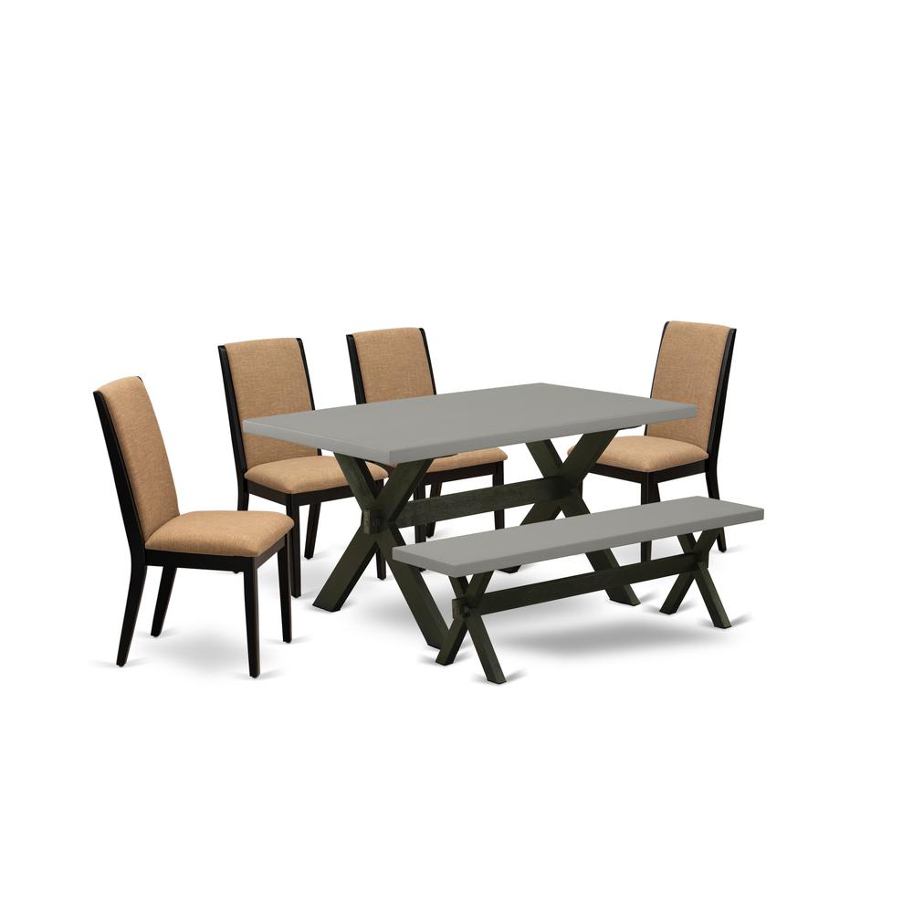 East West Furniture X696LA147-6 6-Piece Stylish Dining Table Set an Excellent Cement Color Dining Table Top and Cement Color Dining Room Bench and 4 Excellent Linen Fabric Kitchen Parson Chairs with S. Picture 1