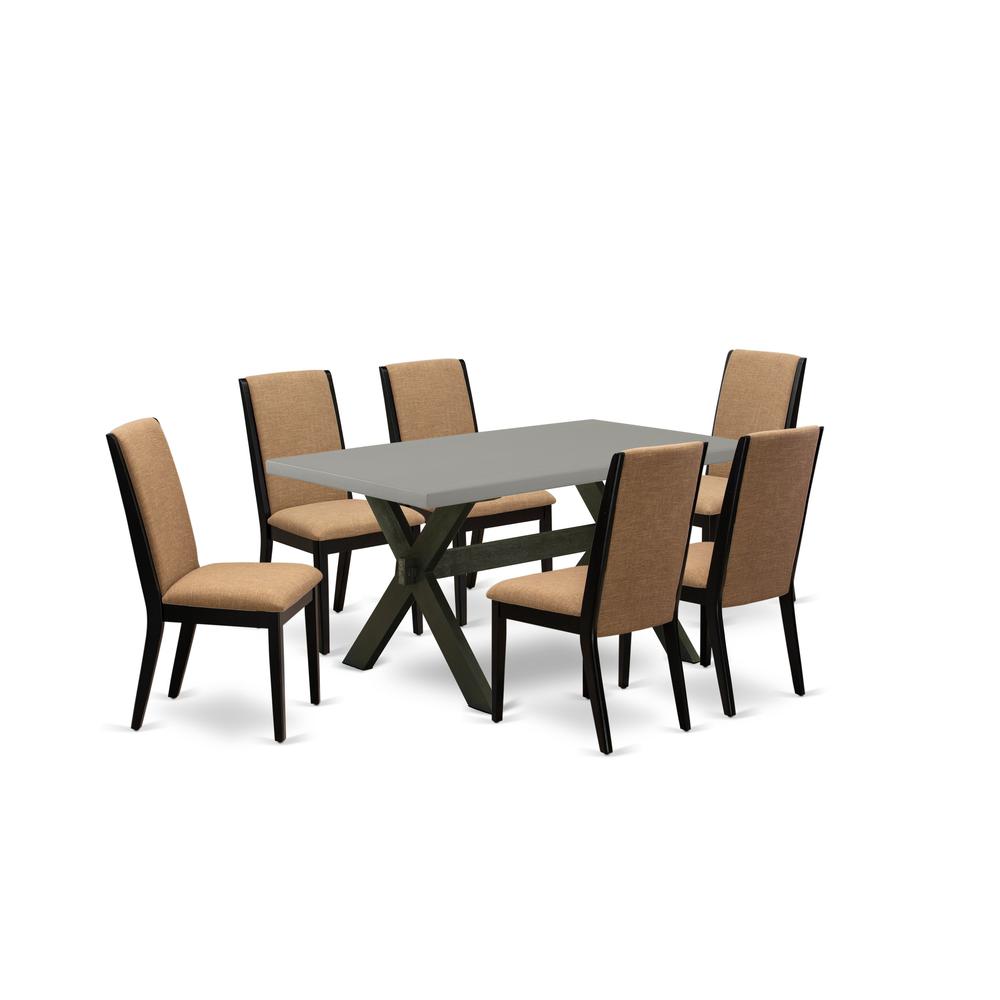 East West Furniture X696LA147-7 7-Piece Beautiful Dining Room Set a Superb Cement Color Kitchen Rectangular Table Top and 6 Gorgeous Linen Fabric Parson Chairs with Stylish Chair Back, Wire Brushed Bl. Picture 1