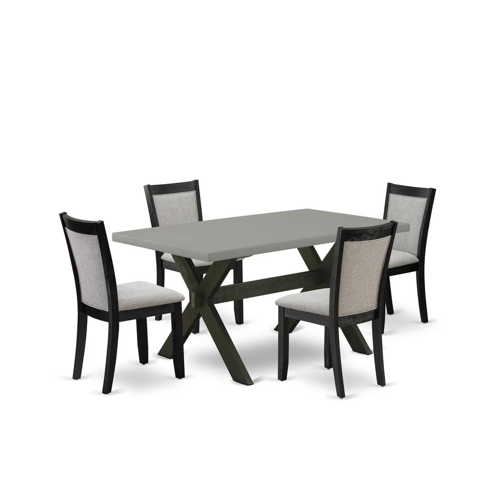 East West Furniture 5 Piece Dining Set - Cement Top Mid Century Modern Dining Table with Trestle Base and 4 Shitake Linen Fabric Kitchen Chairs - Wire Brushed Black Finish. Picture 2