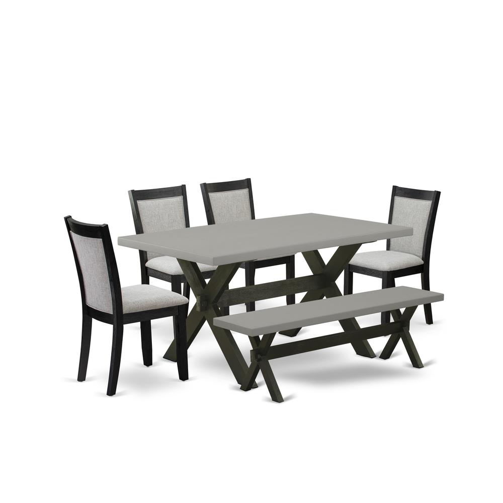 East West Furniture 6 Piece Kitchen Table Set - A Cement Top Kitchen Table with Small Wood Bench and 4 Shitake Linen Fabric Upholstered Wooden Dining Chairs - Wire Brushed Black Finish. Picture 2