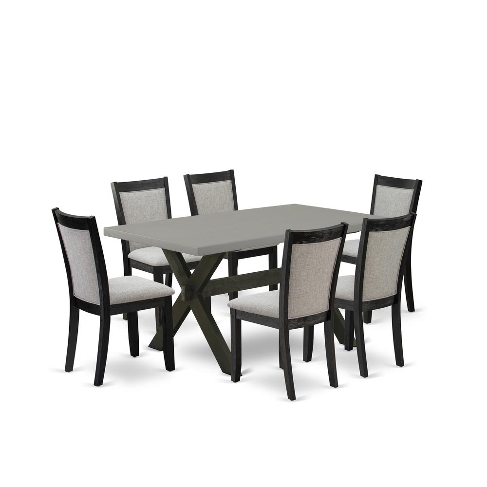 East West Furniture 7 Piece Dining Room Set - A Cement Top Wood Dining Table with Trestle Base and 6 Shitake Linen Fabric Wood Dining Chairs - Wire Brushed Black Finish. Picture 2