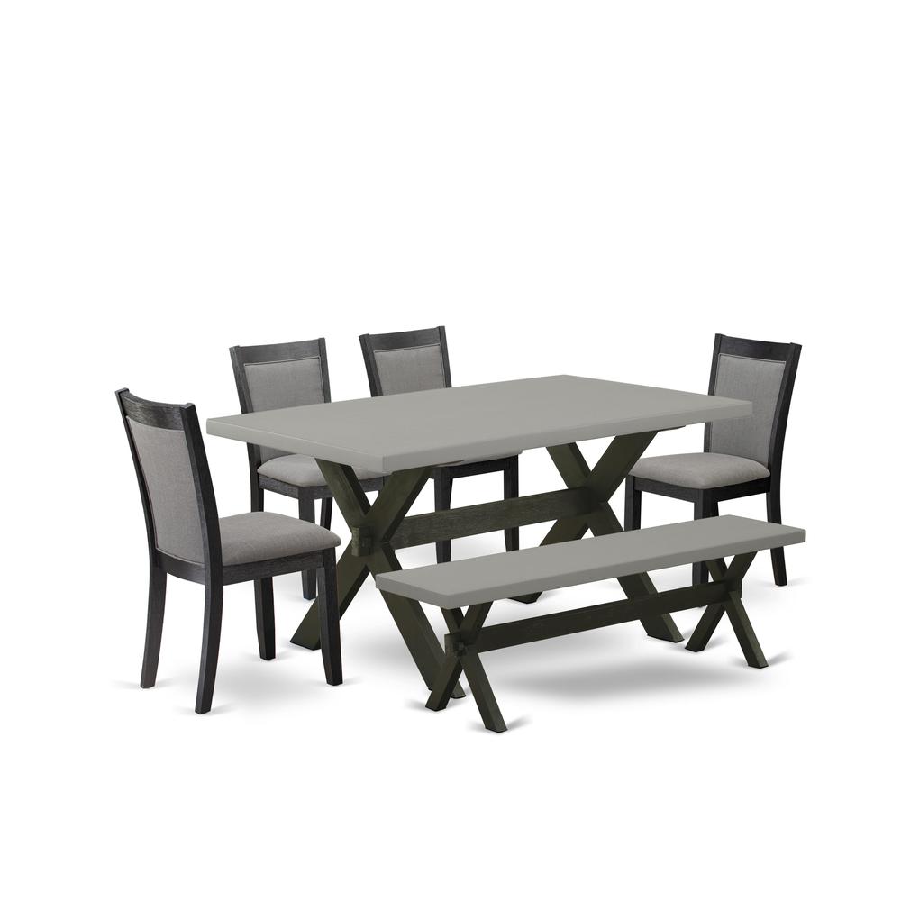 East West Furniture 6 Piece Modern Dining Set - A Cement Top Wood Dining Table with a Bench and 4 Dark Gotham Grey Linen Fabric Upholstered Dining Chairs - Wire Brushed Black Finish. Picture 2