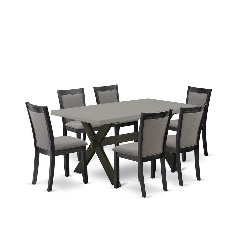 East West Furniture 7 Piece Dining Room Table Set - A Cement Top Mid Century Dining Table with Trestle Base and 6 Dark Gotham Grey Linen Fabric Parson Chairs - Wire Brushed Black Finish. Picture 2