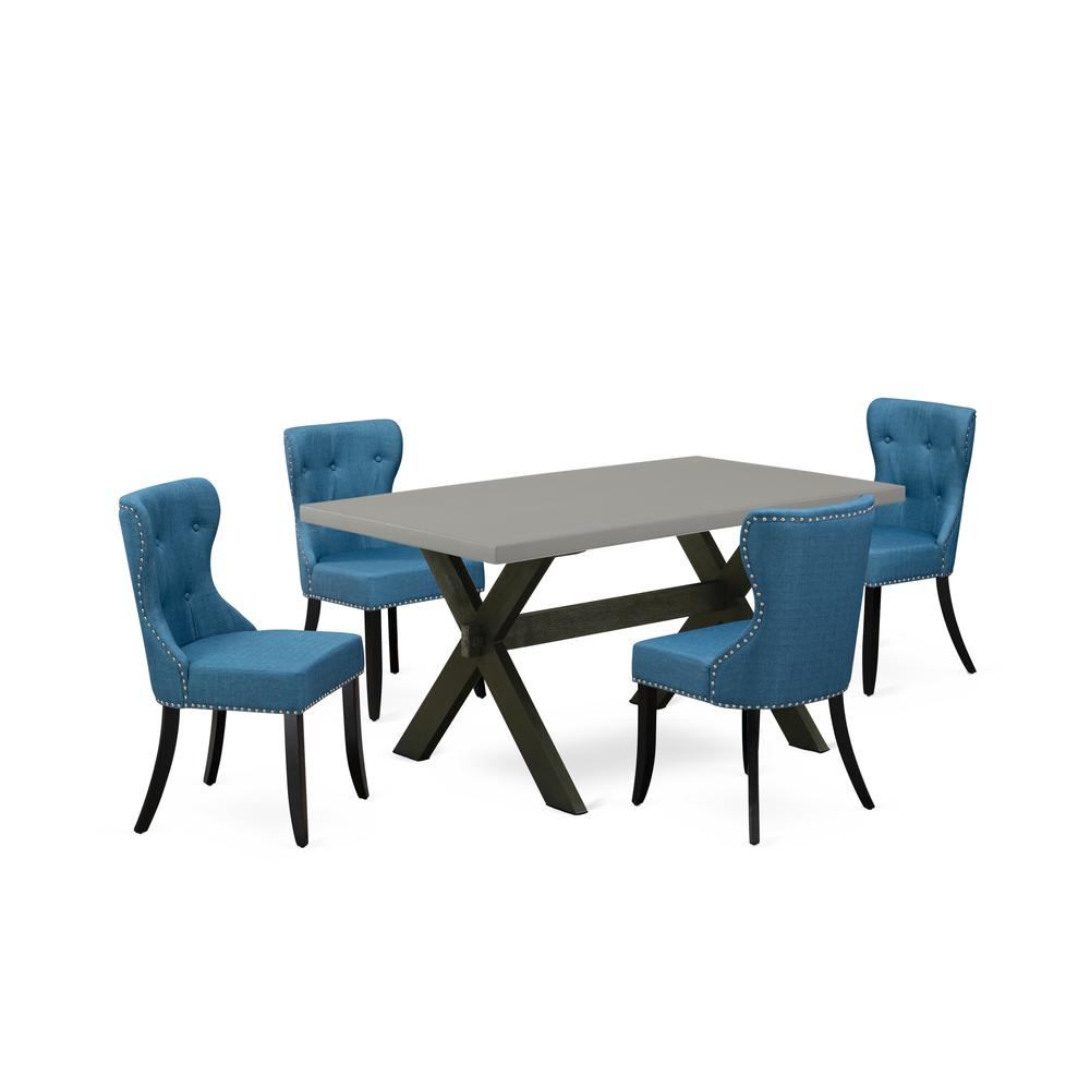 East West Furniture X696SI121-5 5-Pc Dinette Room Set- 4 Kitchen Parson Chairs with Blue Linen Fabric Seat and Button Tufted Chair Back - Rectangular Table Top & Wooden Cross Legs - Cement and Wire Br. Picture 1