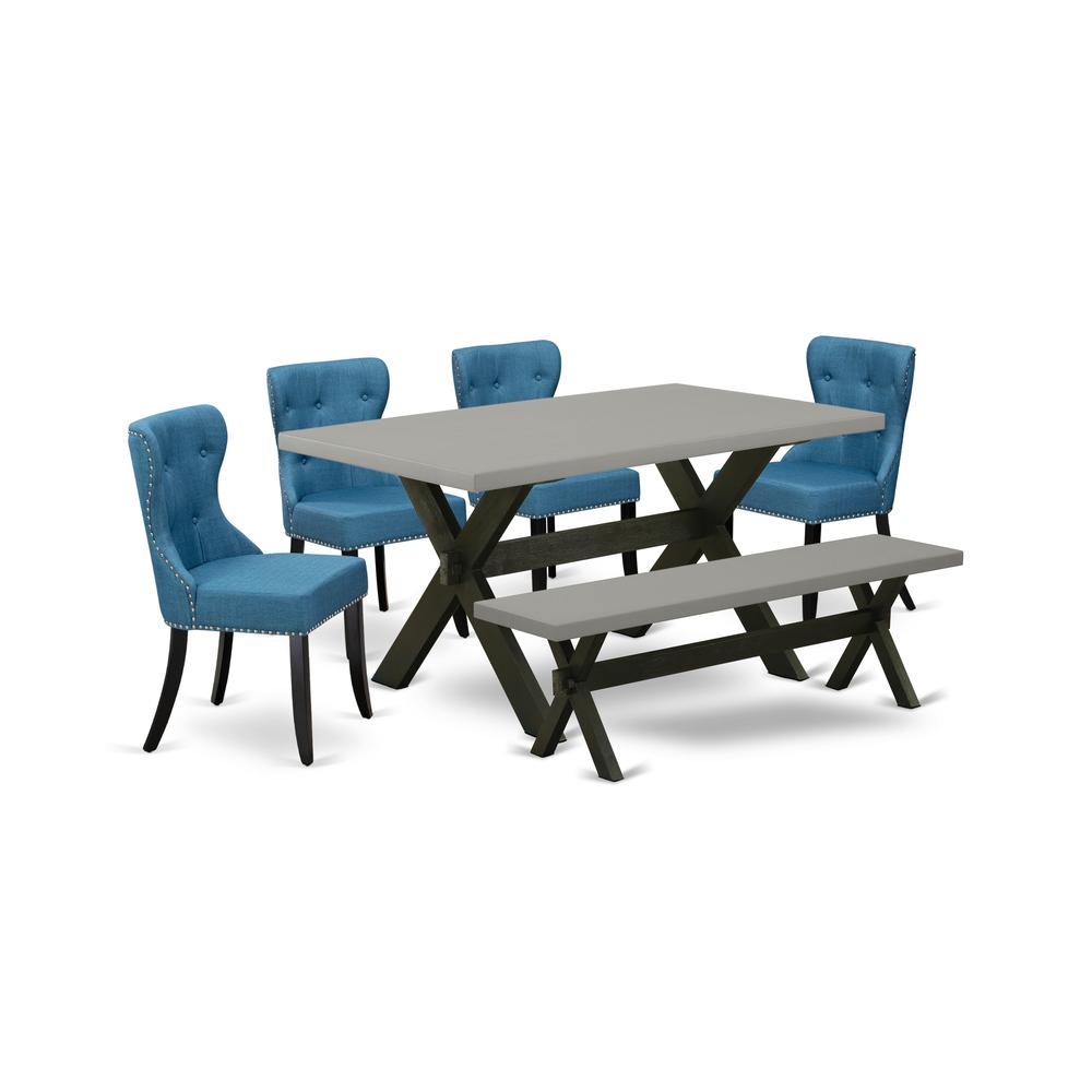 East West Furniture X696SI121-6 6-Piece Dining Table Set- 4 Parson Chairs with Blue Linen Fabric Seat and Button Tufted Chair Back - Rectangular Top & Wooden Cross Legs Modern Dining Table and Wooden. Picture 1