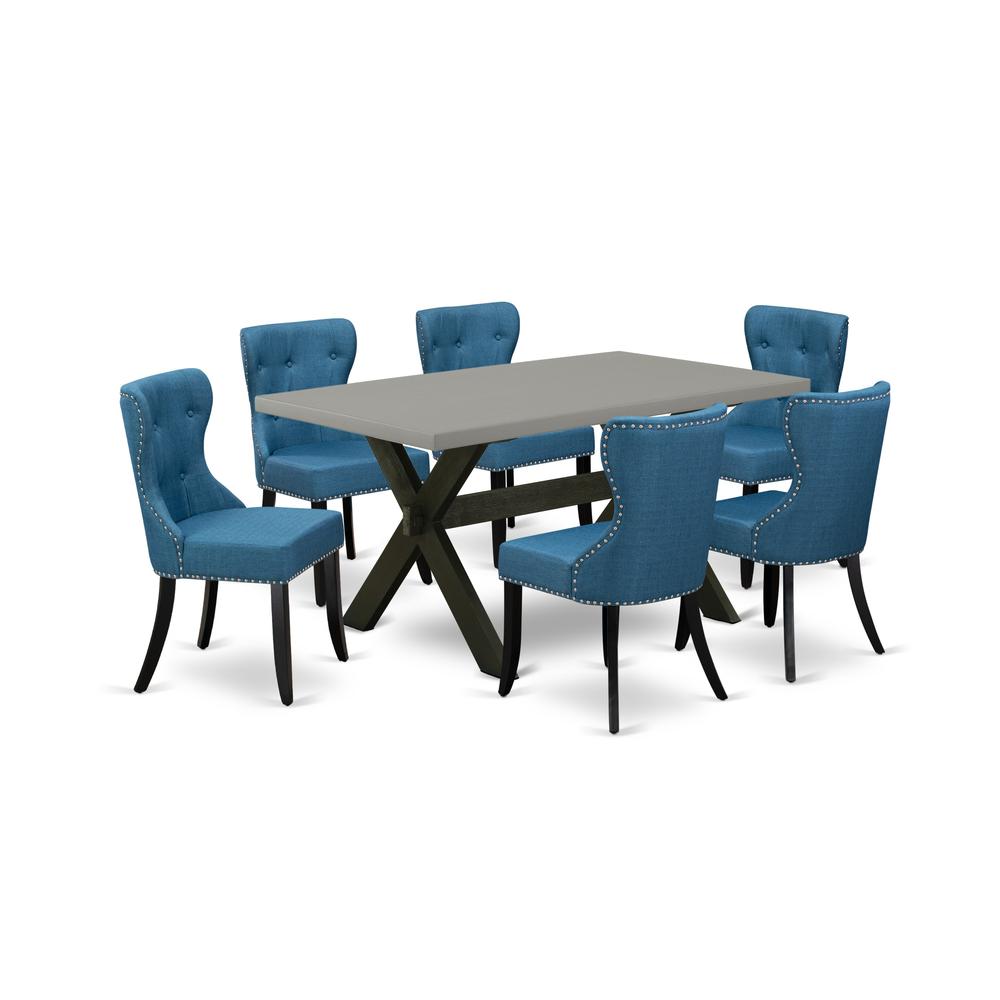 East West Furniture X696SI121-7 7-Piece Dining Room Set- 6 Parson Chairs with Blue Linen Fabric Seat and Button Tufted Chair Back - Rectangular Table Top & Wooden Cross Legs - Cement and Black Finish. Picture 1
