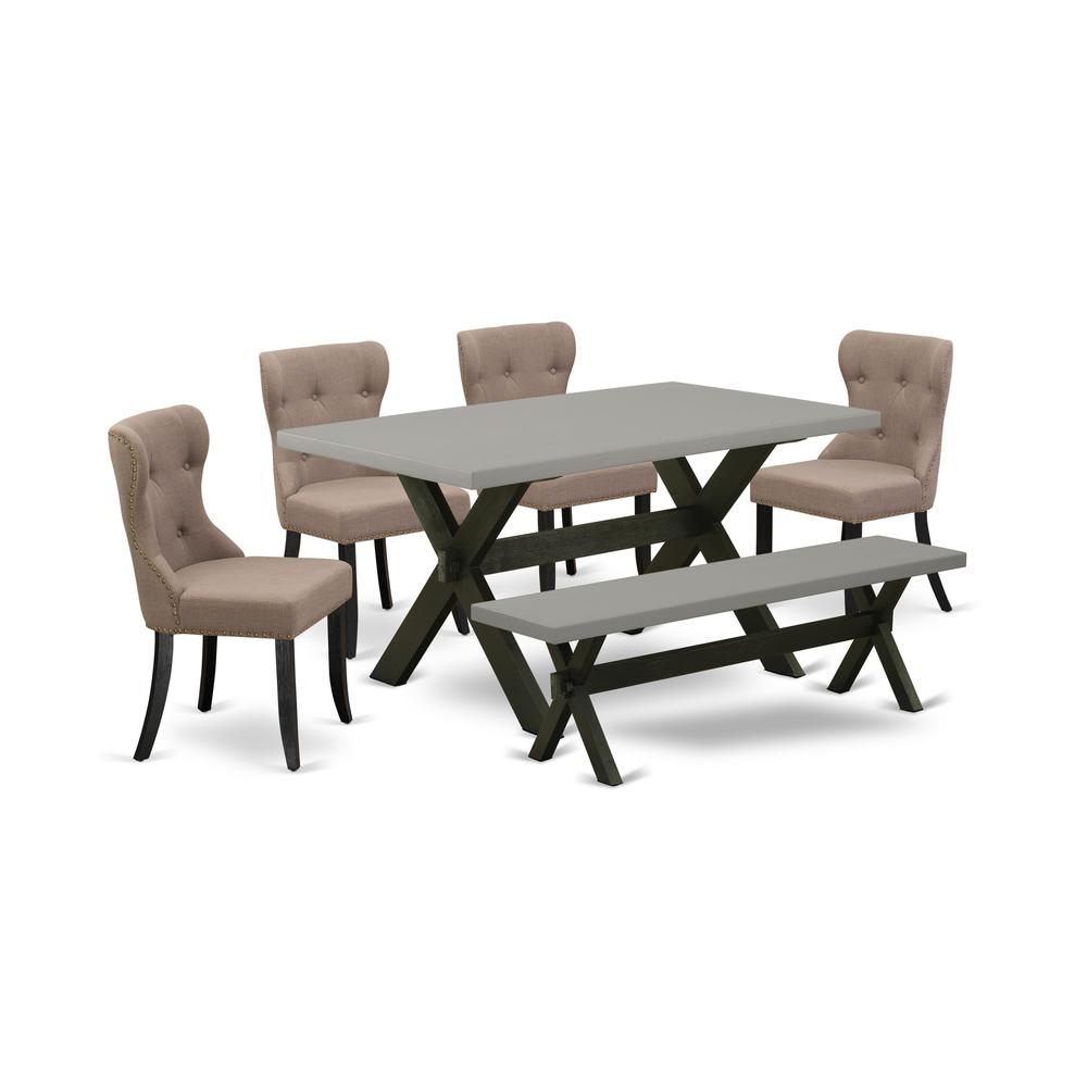 East West Furniture X696SI648-6 6-Pc Dining Table Set- 4 Dining Chairs with Coffee Linen Fabric Seat and Button Tufted Chair Back - Rectangular Top & Wooden Cross Legs Kitchen Table and Indoor Bench -. Picture 1