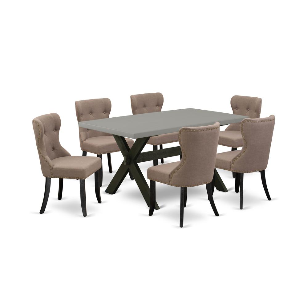 East West Furniture X696SI648-7 7-Piece Kitchen Dining Set- 6 Upholstered Dining Chairs with Coffee Linen Fabric Seat and Button Tufted Chair Back - Rectangular Table Top & Wooden Cross Legs - Cement. Picture 1