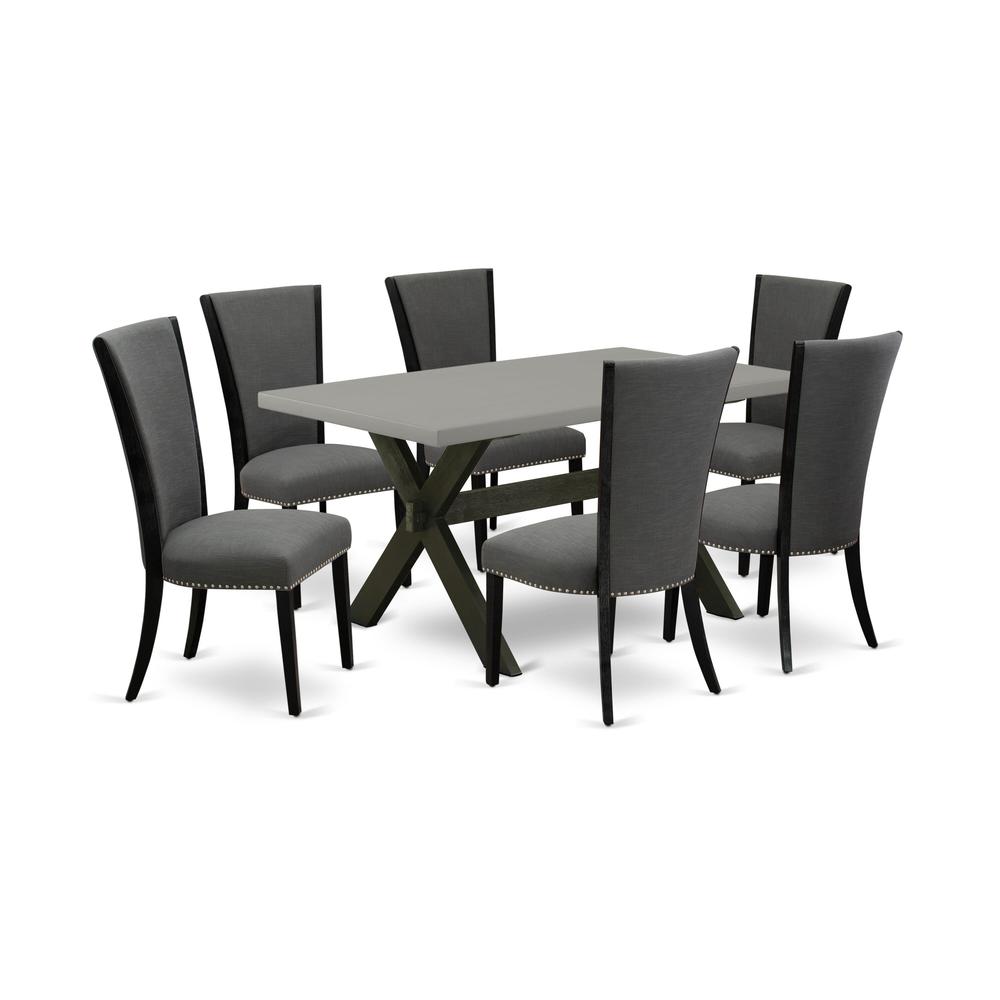 East West Furniture 7 Piece Modern Dining Table Set Consists of a Cement Wooden Dining Table and 6 Dark Gotham Grey Linen Fabric Kitchen Chairs with High Back - Wire Brushed Black Finish. Picture 2