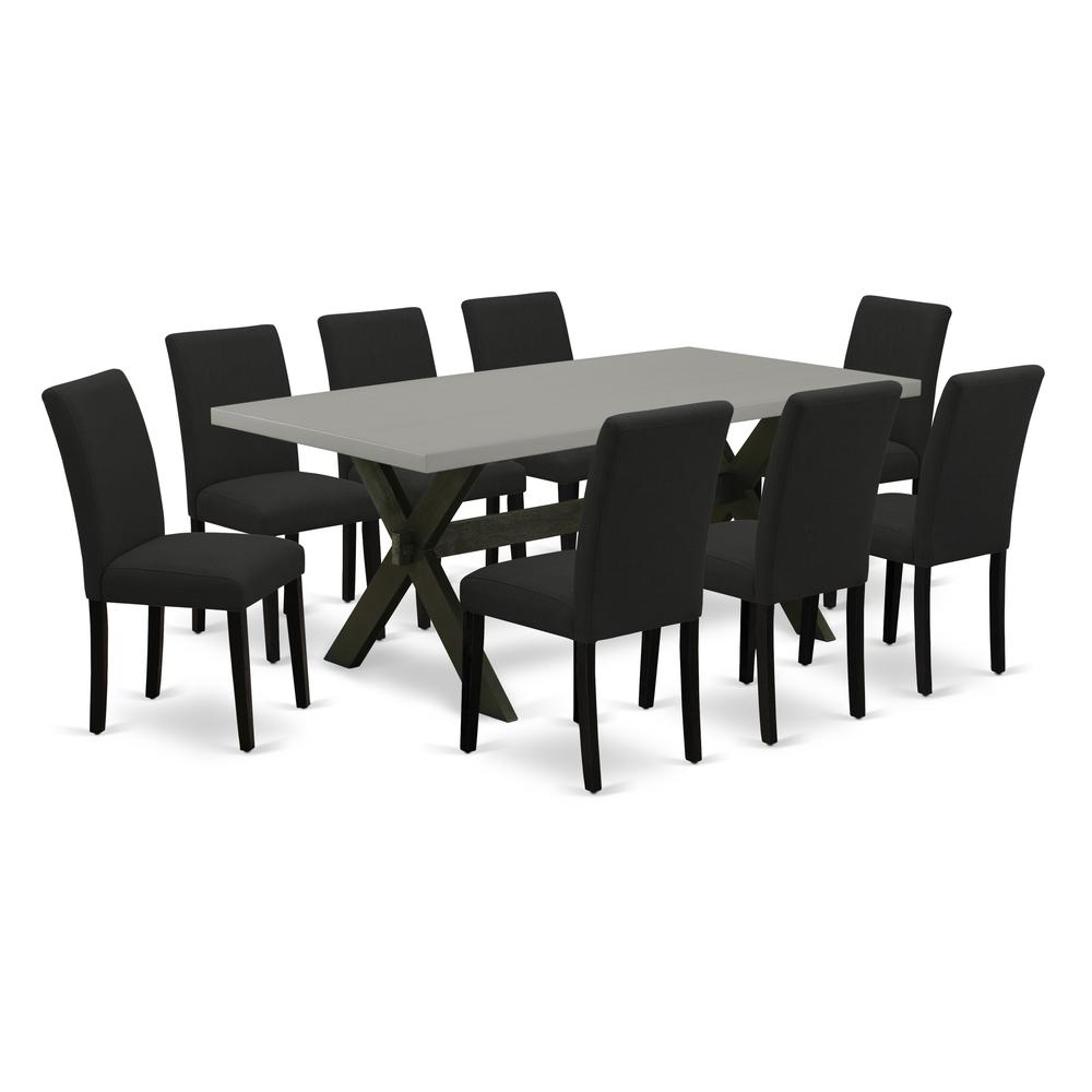 East West Furniture 9-Piece kitchen dining table set Includes 8 Parson dining chairs with Upholstered Seat and High Back and a Rectangular Dinner Table - Black Finish. Picture 1