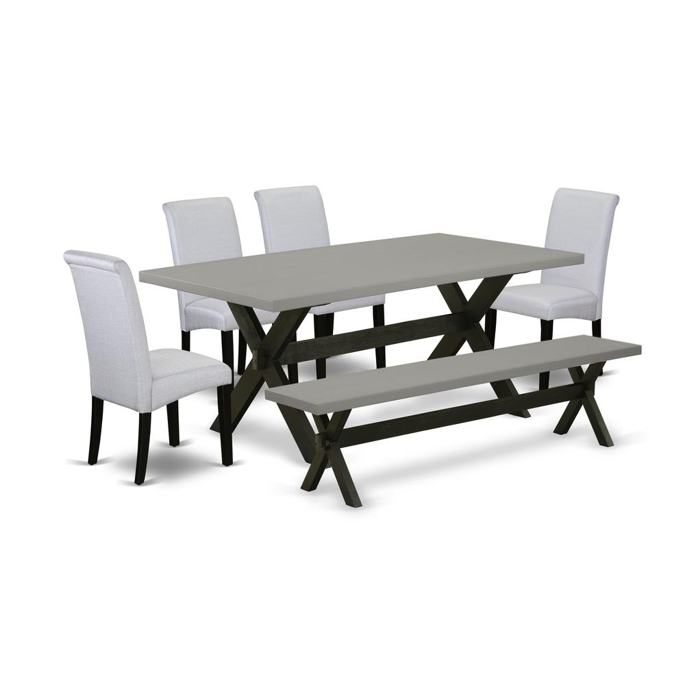 East West Furniture 6 Piece Dining Room Table Set Contains a Cement Dining Table and a Dinning Bench, 4 Grey Linen Fabric Upholstered Chairs with High Back - Wire Brushed Black Finish. Picture 2