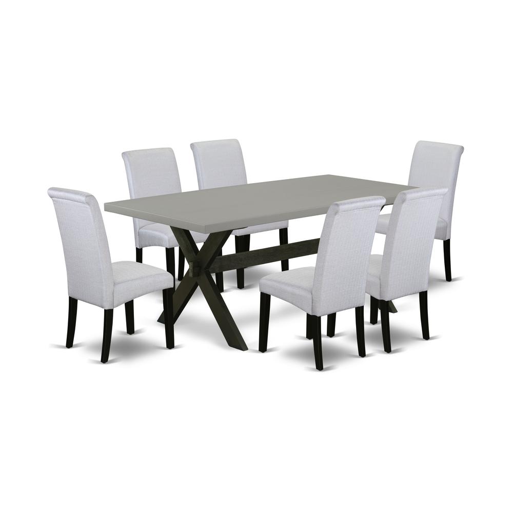 East West Furniture X697BA105-7 7-Pc Dinette Room Set - 6 Kitchen Chairs and 1 Modern Rectangular Cement Wood Dining Table Top with High Roll Chair Back - Wire Brushed Black Finish. Picture 1