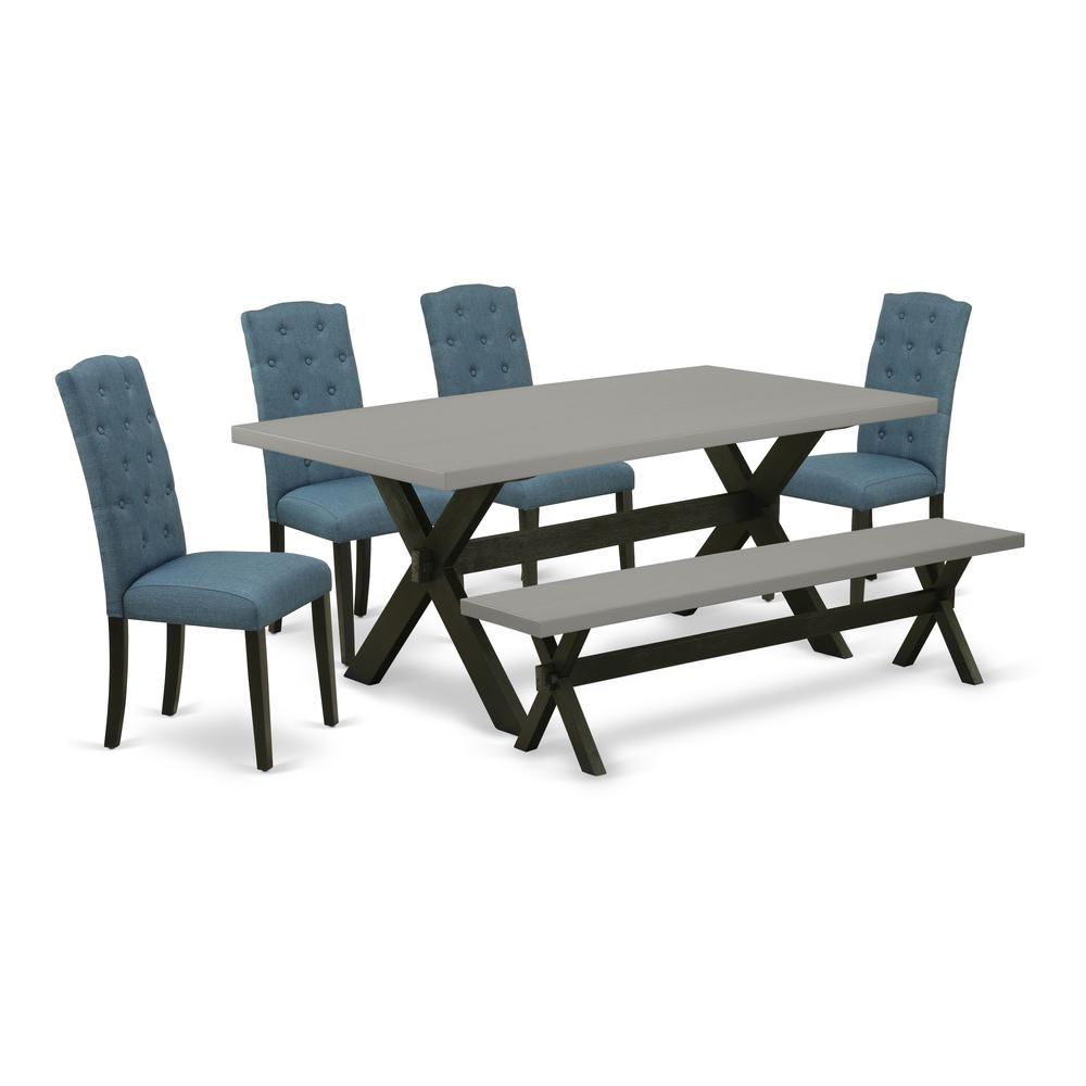 East West Furniture X697CE121-6 6-Pc Dining Room Table Set - 4 Dining Padded Chairs, a Kitchen Bench Cement Top and 1 Modern Cement Breakfast Table Top - Wire Brushed Black Finish. Picture 1