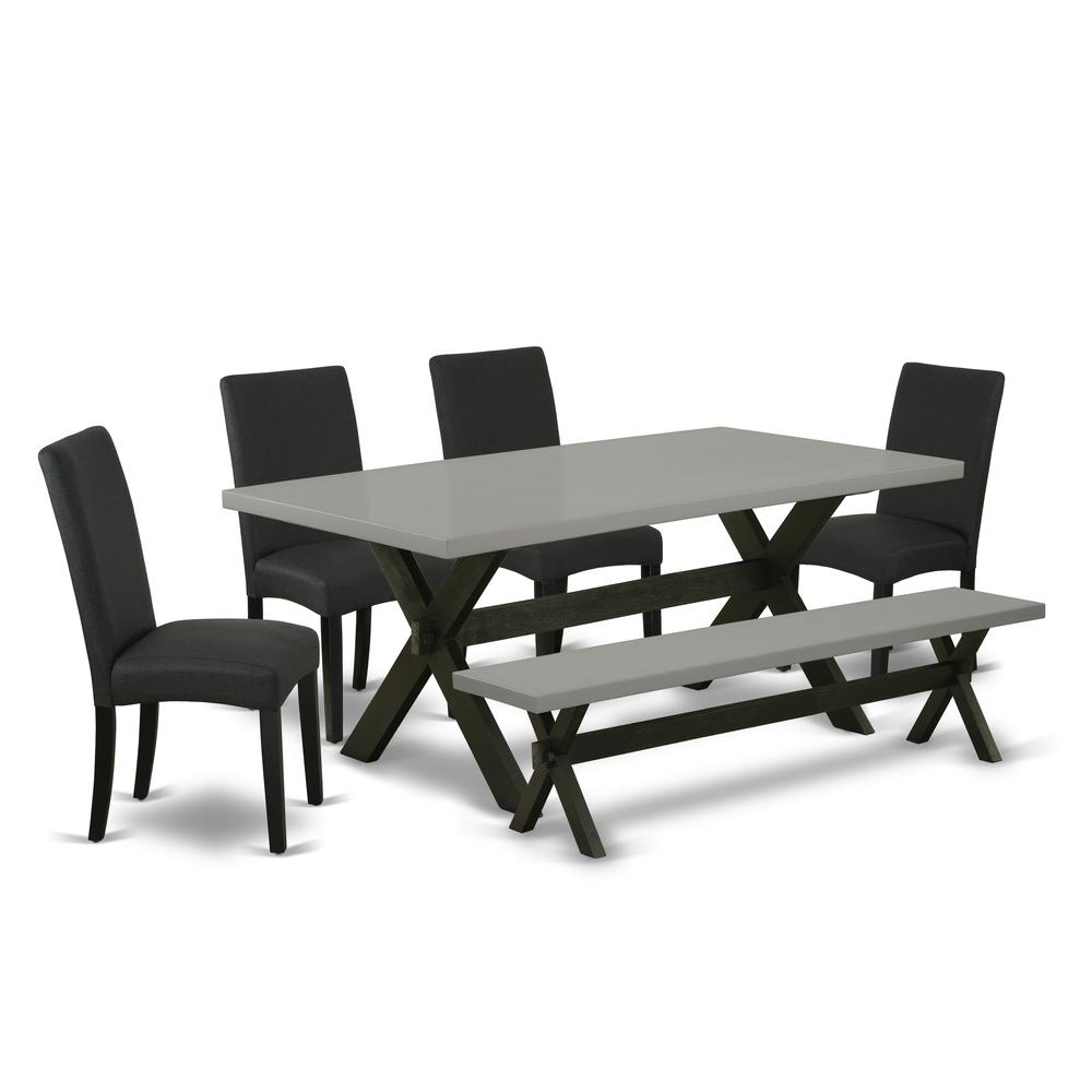East West Furniture 6-Pc Dining -Black Linen Fabric Seat and High Stylist Back Padded Parson Chairs, A Rectangular Bench and Rectangular Top Dining Table with Wood Legs - Cement and Black Finish. Picture 1