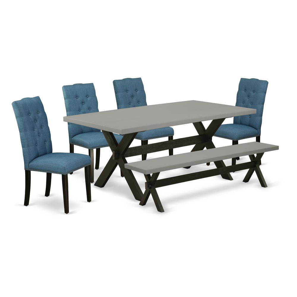 East West Furniture 6-Piece Awesome Dining Table Set an Outstanding Cement Color Dining Room Table Top and Cement Color Small Bench and 4 Wonderful Linen Fabric Kitchen Chairs with Nail Heads and Butt. Picture 1