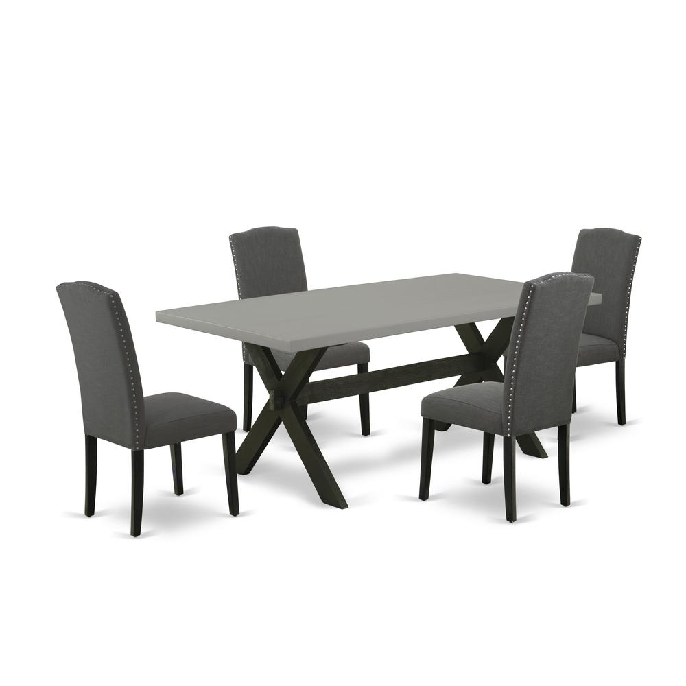 East West Furniture 5-Piece Dining room Table Set Included 4 Parson Dining chairs Upholstered Nails Head Seat and Stylish Chair Back and Rectangular dining table with Cement Color rectangular Dining T. Picture 1