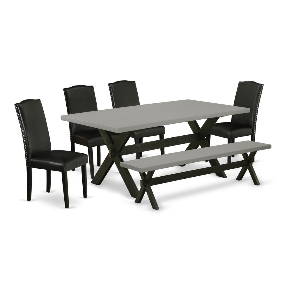 East West Furniture X697EN169-6 6-Pc Dinette Set - 4 Dining Chairs, a Small Bench Cement Top and 1 Modern Cement Kitchen Table Top with High Stylish Chair Back - Wire Brushed Black Finish. Picture 1