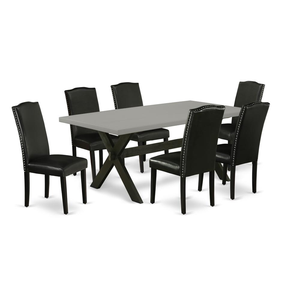 East West Furniture X697EN169-7 7-Pc Modern Dining Table Set - 6 Dining Padded Chairs and 1 Modern Cement Dining Table Top with High Stylish Chair Back - Wire Brushed Black Finish. Picture 1