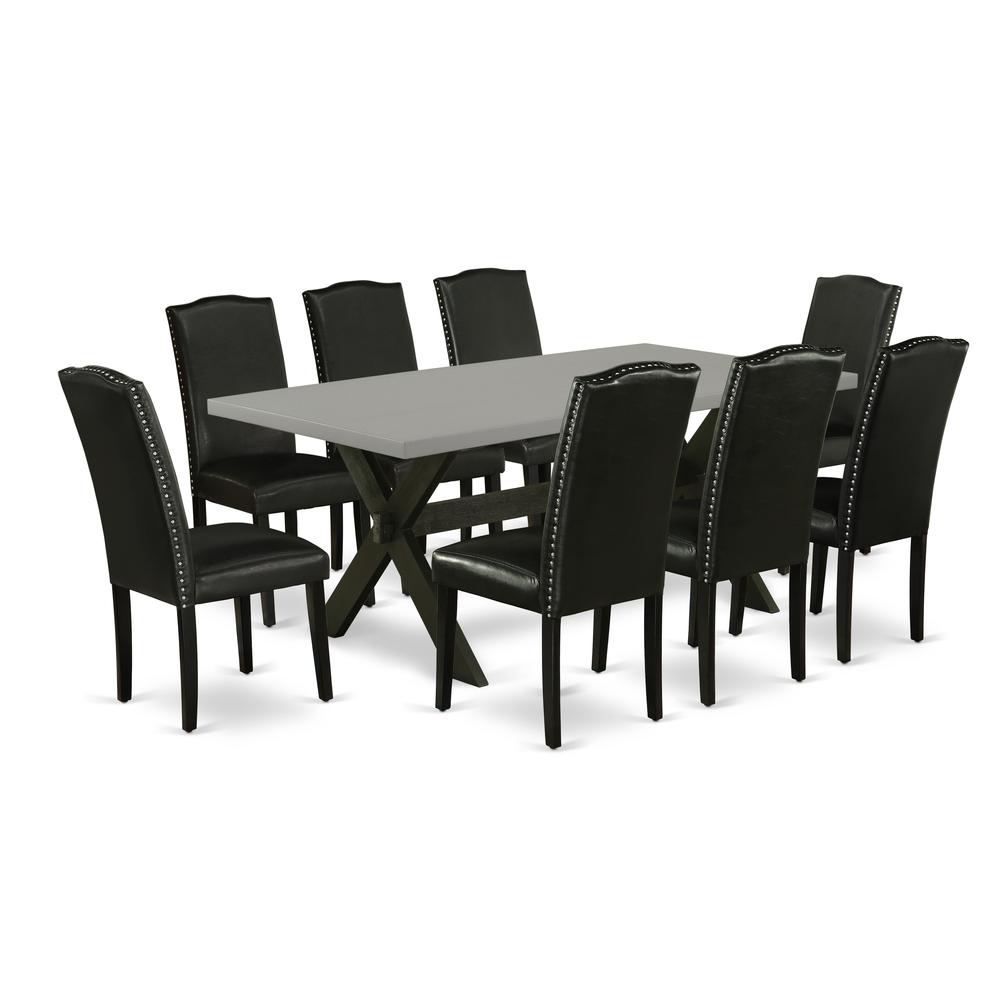 East West Furniture X697EN169-9 9-Pc Dinette Set - 8 Dining Chairs and 1 Modern Rectangular Cement Dining Room Table Top with High Stylish Chair Back - Wire Brushed Black Finish. Picture 1
