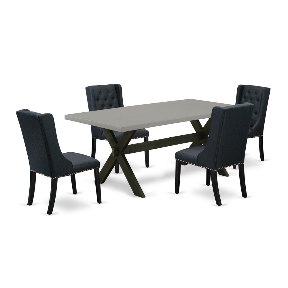 East West Furniture X697FO624-5 5-Piece Dining Table Set consists of 4 Black Linen Fabric Parson Chairs with Nail heads and Cement Dining Room Table - Wire Brush Black Finish. Picture 1