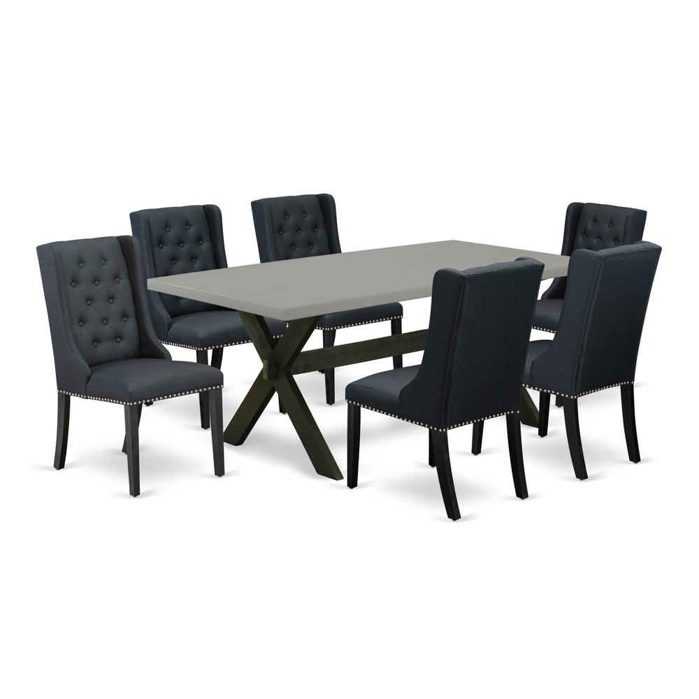 East West Furniture X697FO624-7 7 Piece Dining Table Set - 6 Black Linen Fabric Kitchen Chairs Button Tufted with Nail heads and Cement Wood Table - Wire Brush Black Finish. Picture 1