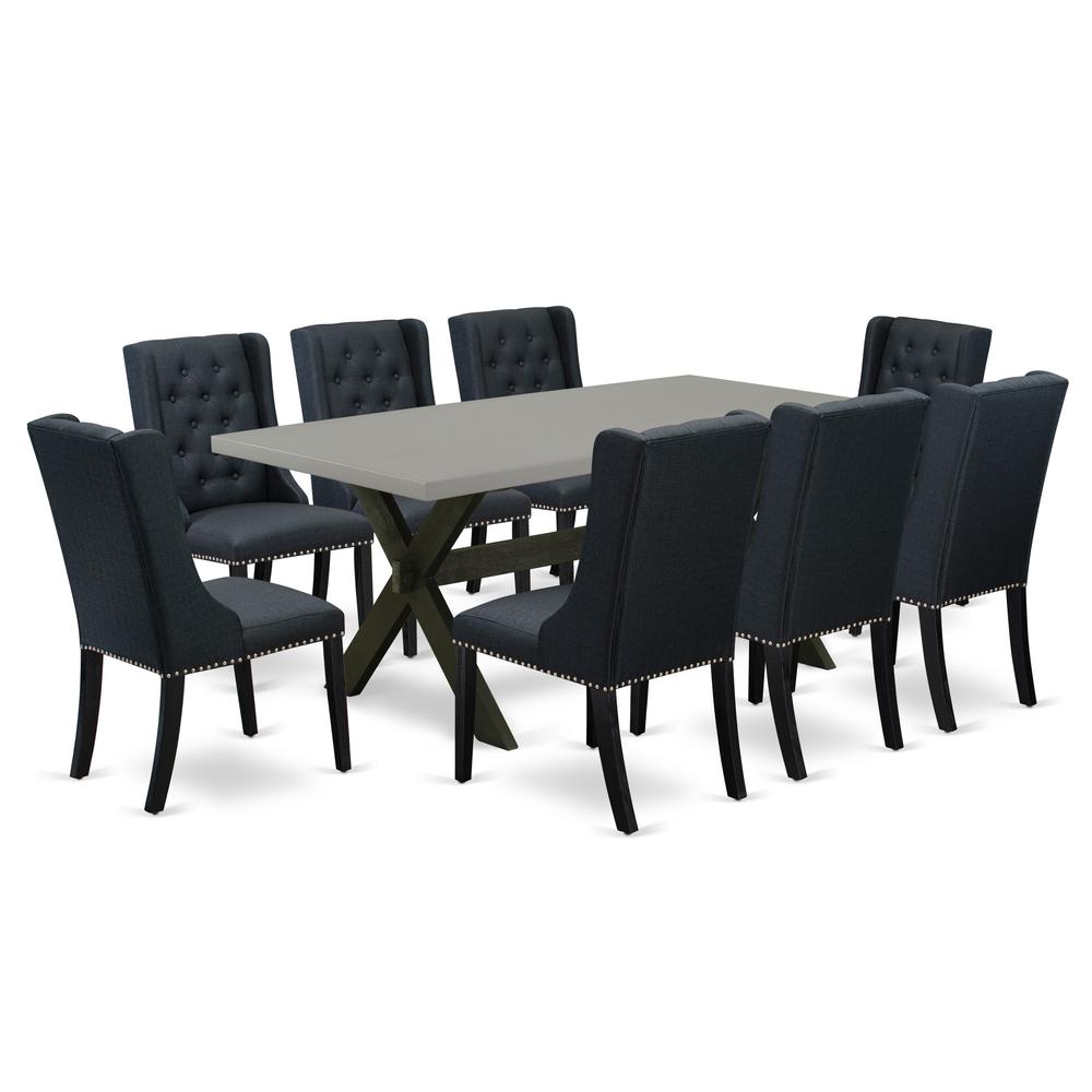 East West Furniture X697FO624-9 9 Pc Dining Room Set - 8 Black Linen Fabric Padded Chair Button Tufted with Nail heads and Cement Dining Table - Wire Brush Black Finish. Picture 1