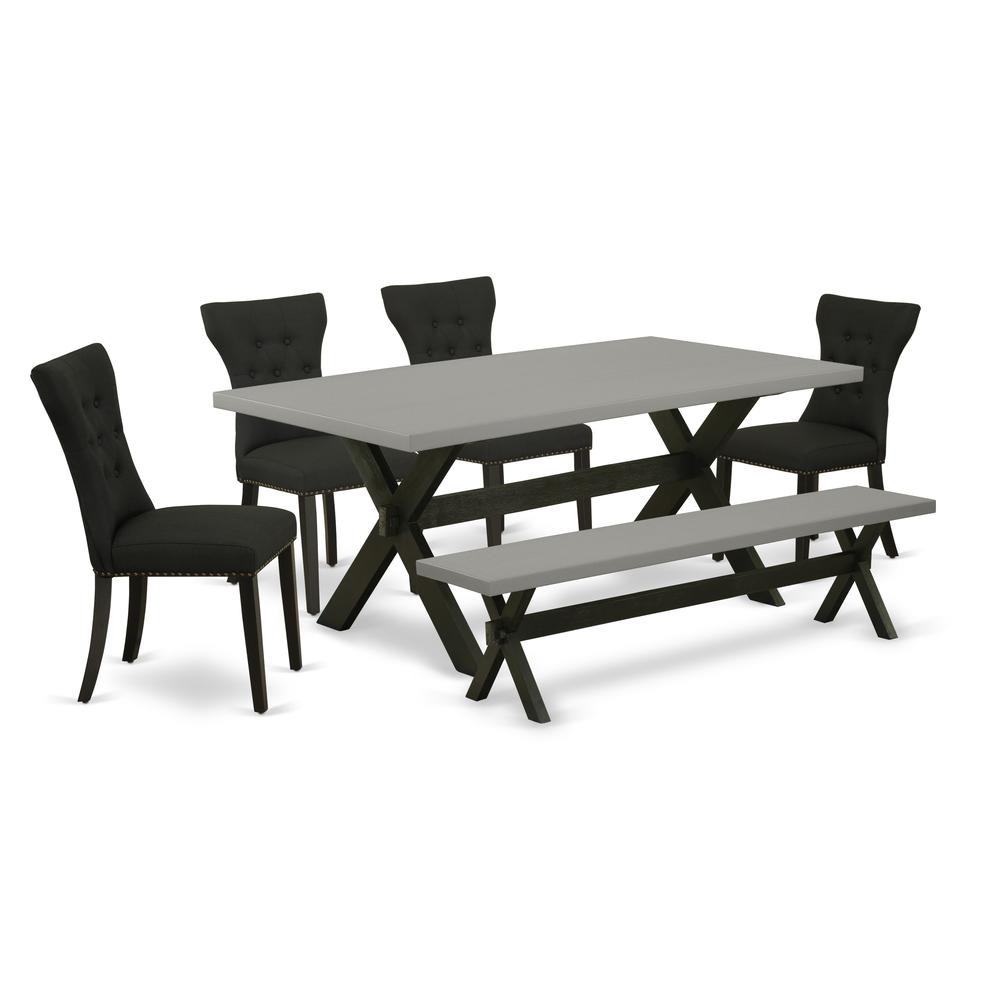 East West Furniture X697GA124-6 6-Pc Dining Set - 4 Dining Chairs, a Wooden Bench Cement Top and 1 Modern Cement Dining Table Top with Button Tufted Chair Back - Wire Brushed Black Finish. Picture 1