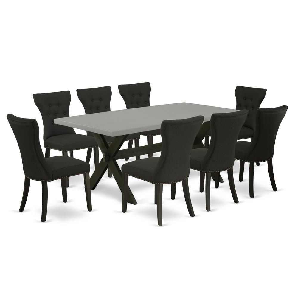 East West Furniture X697GA124-9 9-Pc Dining Table Set - 8 Parson Dining Chairs and 1 Modern Rectangular Cement Dining Table Top with Button Tufted Chair Back - Wire Brushed Black Finish. Picture 1