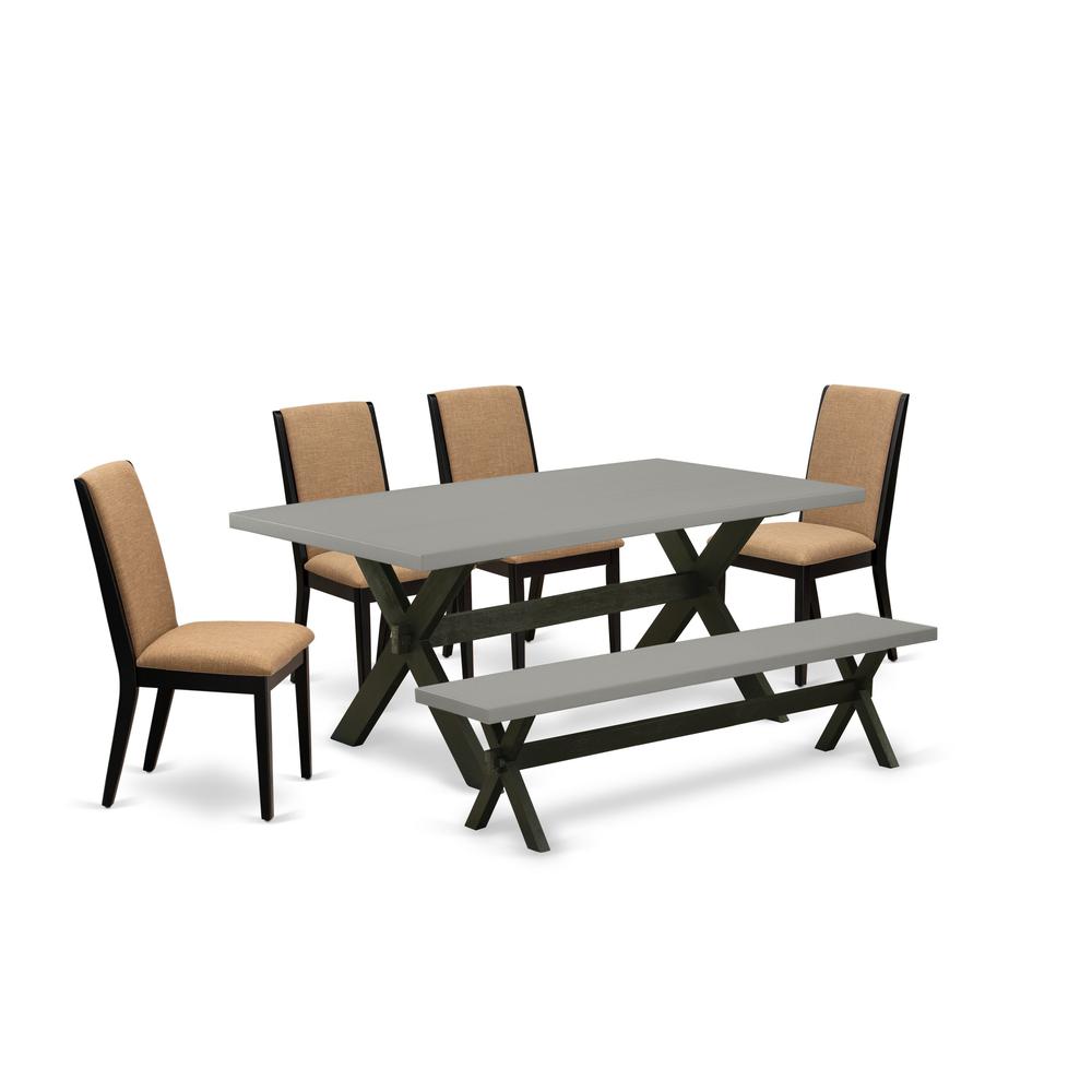 East West Furniture X697LA147-6 6-Piece Amazing Dinette Set a Good Cement Color Modern Dining Table Top and Cement Color Wooden Bench and 4 Stunning Linen Fabric Dining Chairs with Stylish Chair Back,. Picture 1