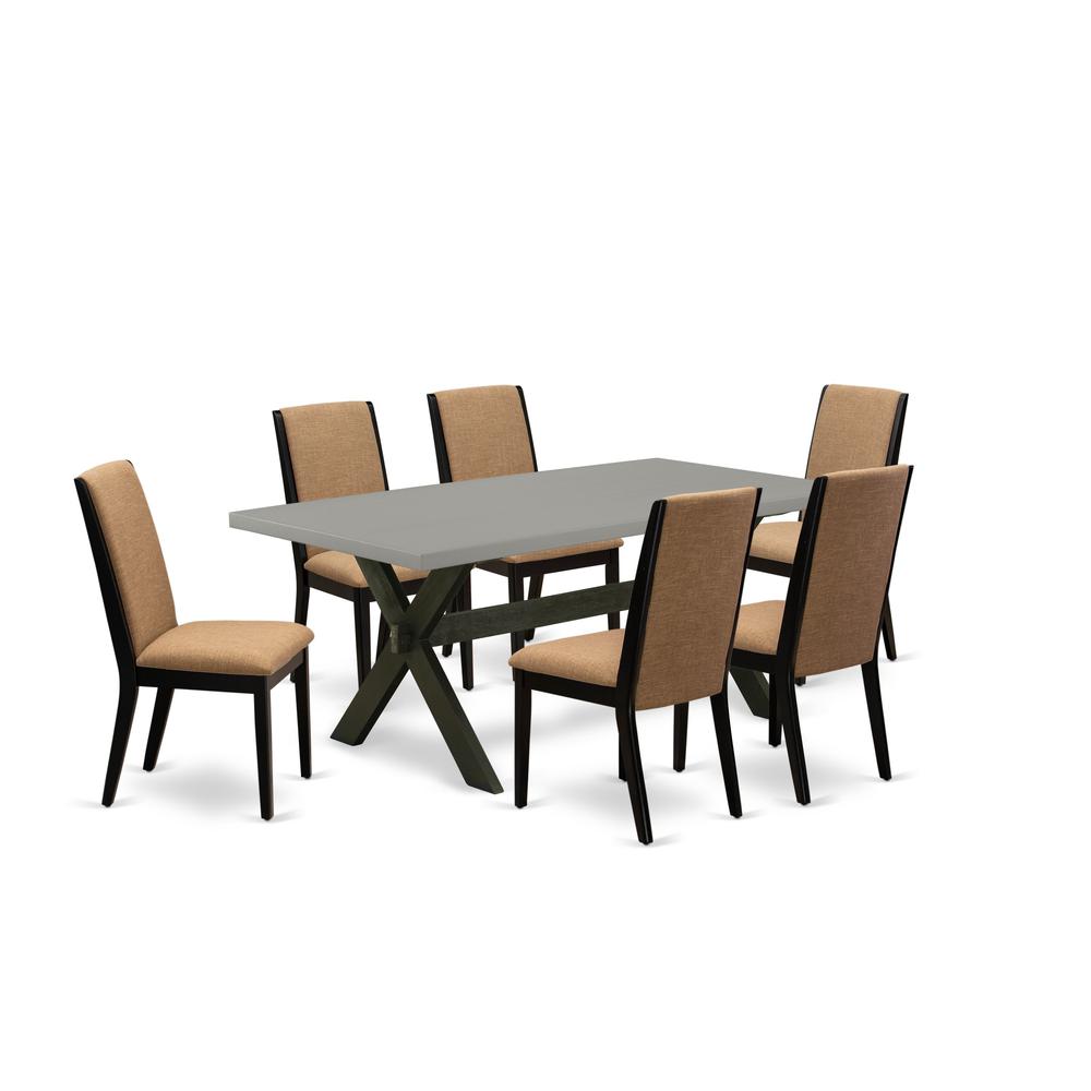 East West Furniture X697LA147-7 7-Piece Stylish Modern Dining Table Set a Great Cement Color Wood Dining Table Top and 6 Wonderful Linen Fabric Parson Dining Chairs with Stylish Chair Back, Wire Brush. Picture 1