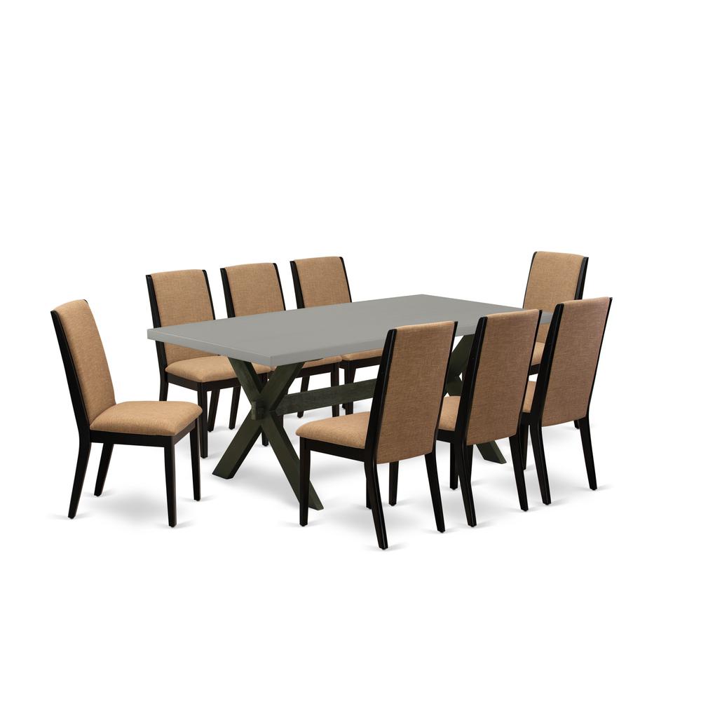 East West Furniture X697LA147-9 9-Piece Awesome Dining Room Set an Excellent Cement Color dining table Top and 8 Stunning Linen Fabric Dining Room Chairs with Stylish Chair Back, Wire Brushed Black Fi. Picture 1