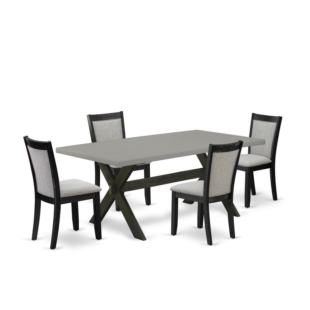 East West Furniture 5 Piece Modern Dining Set - A Cement Top Dinner Table with Trestle Base and 4 Shitake Linen Fabric Wood Dining Chairs - Wire Brushed Black Finish. Picture 2