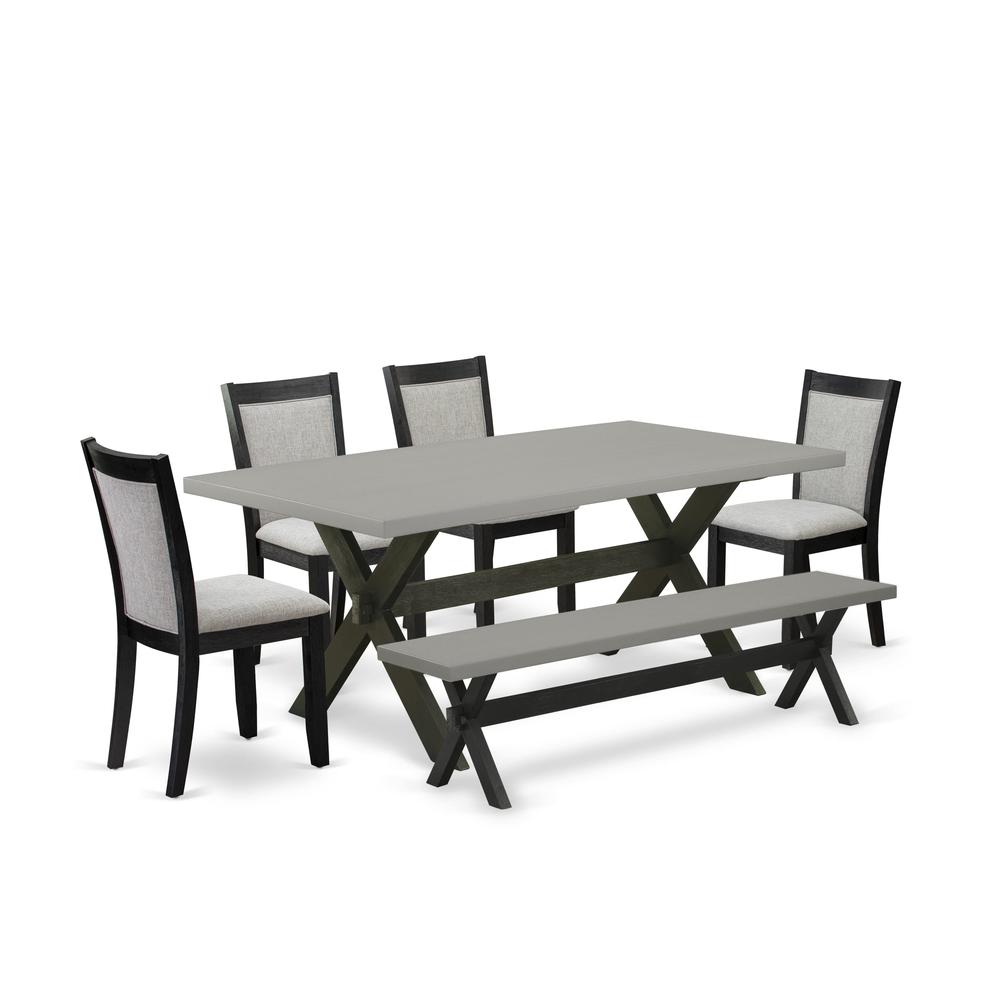 East West Furniture 6 Pc Dining Room Set - Cement Top Dining Table with a Wood Bench and 4 Shitake Linen Fabric Upholstered Kitchen Chairs - Wire Brushed Black Finish. Picture 2