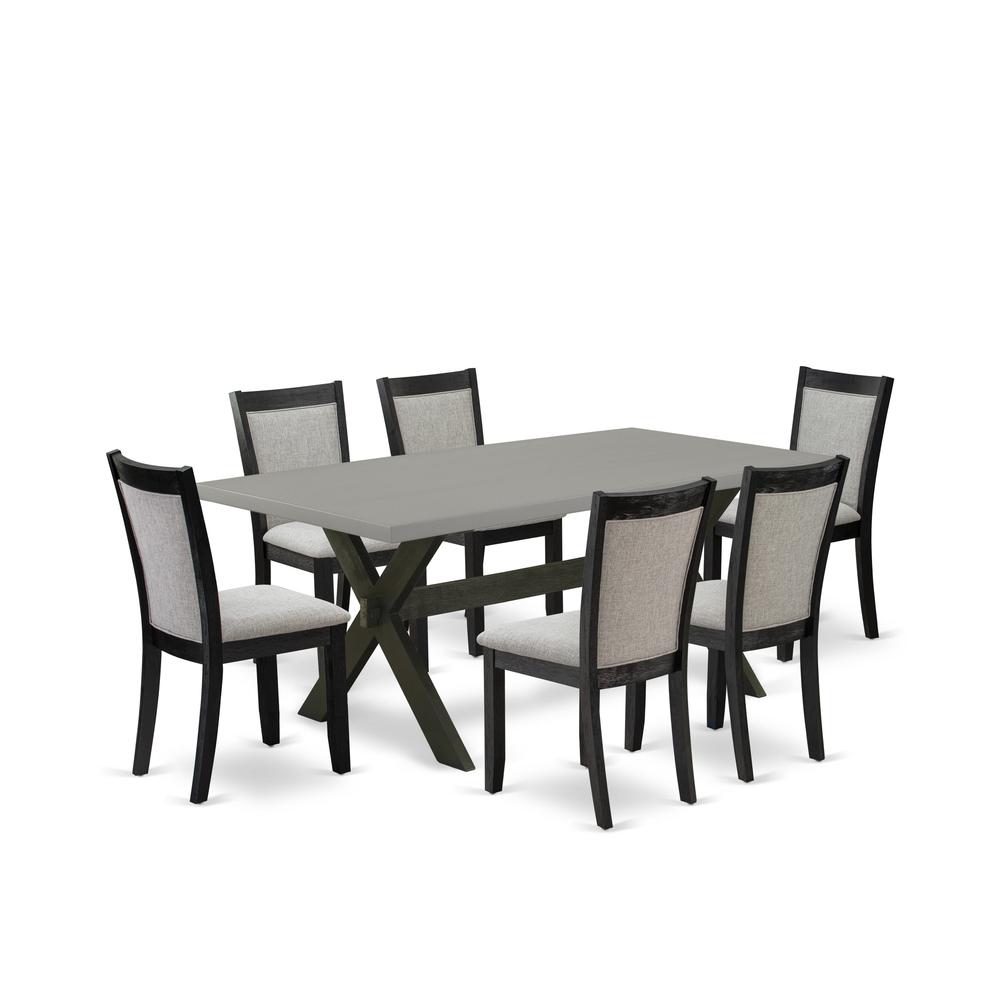 East West Furniture 7 Piece Mid Century Modern Dining Set - Cement Top Wooden Dining Table with Trestle Base and 6 Shitake Linen Fabric Dining Room Chairs - Wire Brushed Black Finish. Picture 2