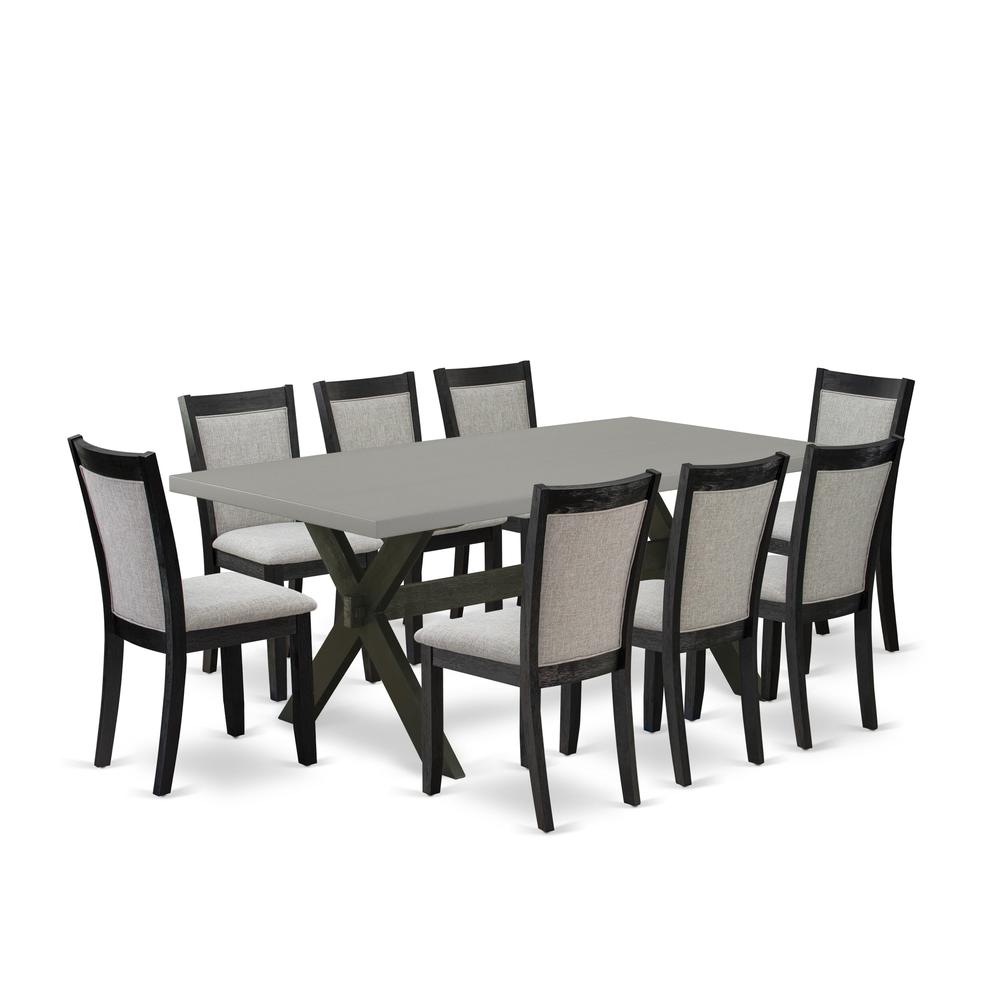 East West Furniture 9 Piece Modern Dining Set - Cement Top Mid Century Modern Dining Table with Trestle Base and 8 Shitake Linen Fabric Parson Chairs - Wire Brushed Black Finish. Picture 2