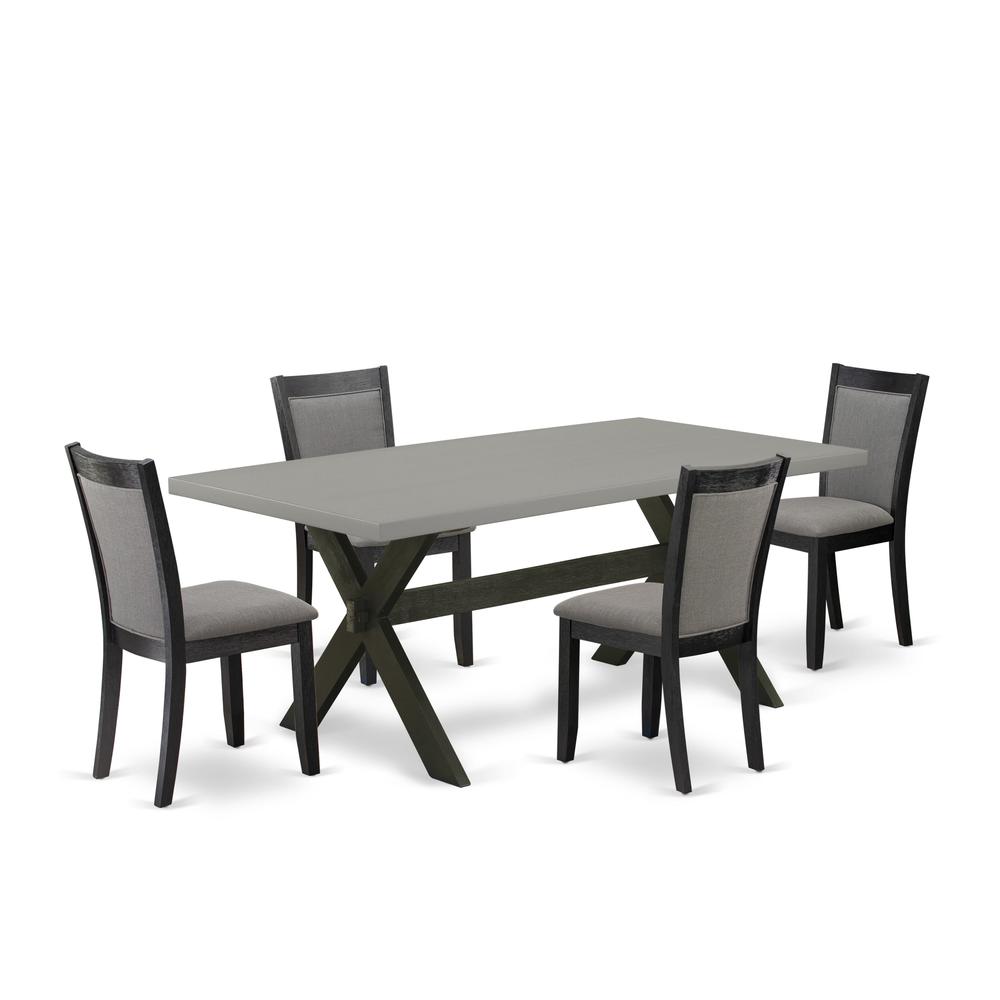 East West Furniture 5 Piece Dining Room Table Set - Cement Top Wood Dining Table with Trestle Base and 4 Dark Gotham Grey Linen Fabric Kitchen Chairs - Wire Brushed Black Finish. Picture 2