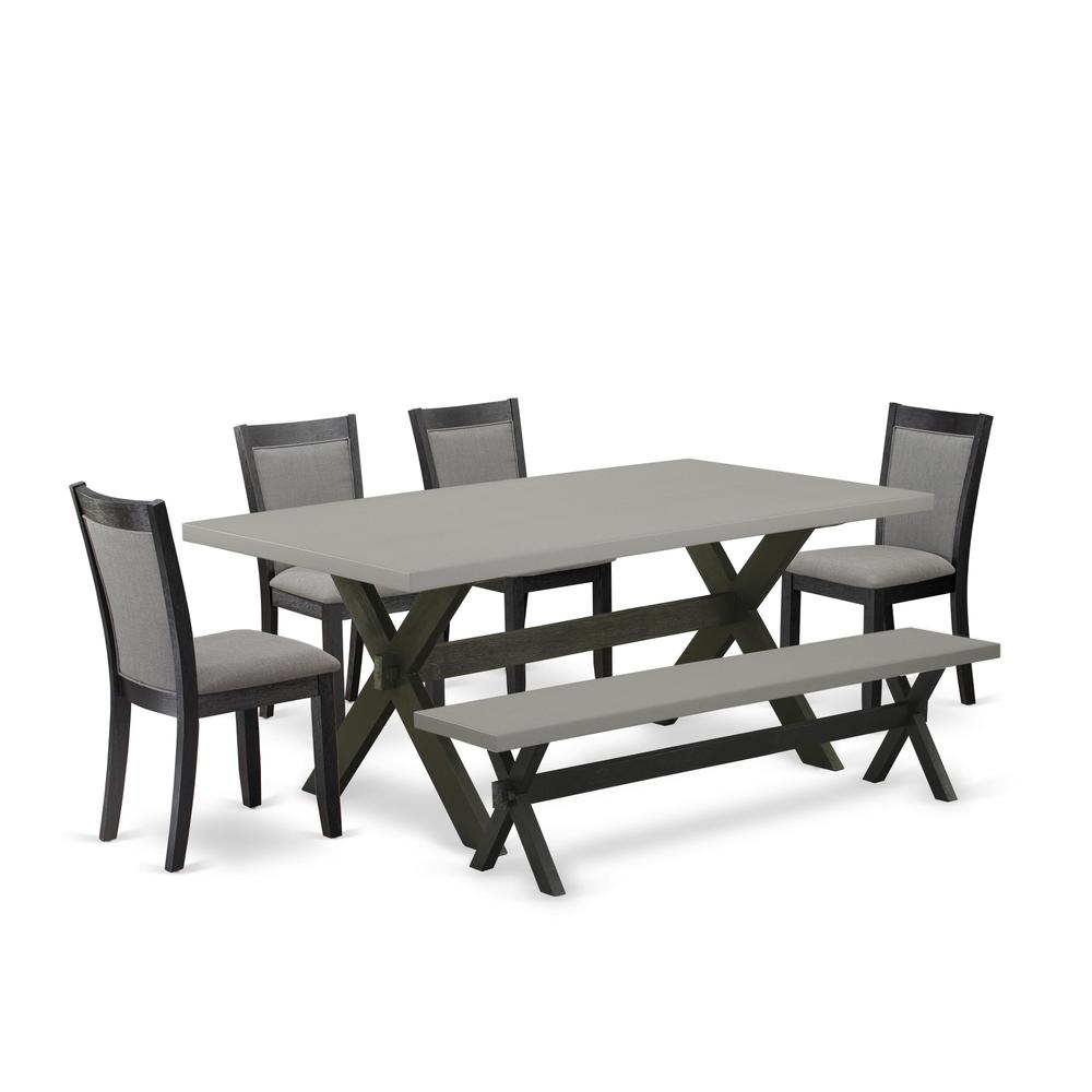 East West Furniture 6 Piece Table Set - Cement Top Modern Dining Table with a Dining Bench and 4 Dark Gotham Grey Linen Fabric Upholstered Parson Chairs - Wire Brushed Black Finish. Picture 2
