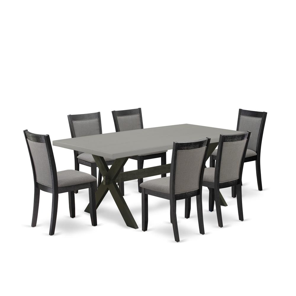 East West Furniture 7 Piece Kitchen Dining Table Set - Cement Top Modern Kitchen Table with Trestle Base and 6 Dark Gotham Grey Linen Fabric Dining Room Chairs - Wire Brushed Black Finish. Picture 2
