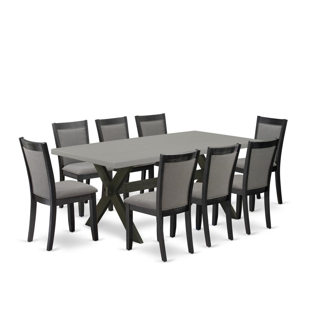 East West Furniture 9 Piece Dining Room Table Set - A Cement Top Wood Table with Trestle Base and 8 Dark Gotham Grey Linen Fabric Wooden Dining Chairs - Wire Brushed Black Finish. Picture 2