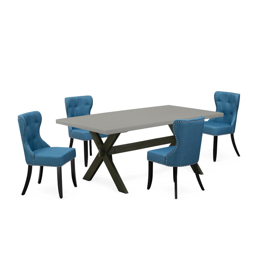East West Furniture X697SI121-5 5-Piece Dining Room Table Set- 4 Kitchen Parson Chairs with Blue Linen Fabric Seat and Button Tufted Chair Back - Rectangular Table Top & Wooden Cross Legs - Cement and. Picture 1