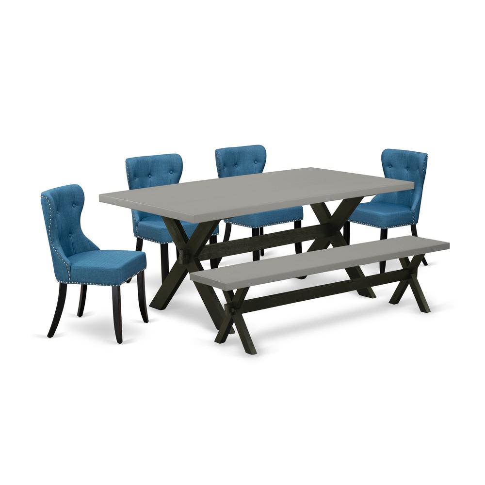 East West Furniture X697SI121-6 6-Pc Dinette Room Set- 4 Dining Room Chairs with Blue Linen Fabric Seat and Button Tufted Chair Back - Rectangular Top & Wooden Cross Legs Kitchen Dining Table and Wood. Picture 1