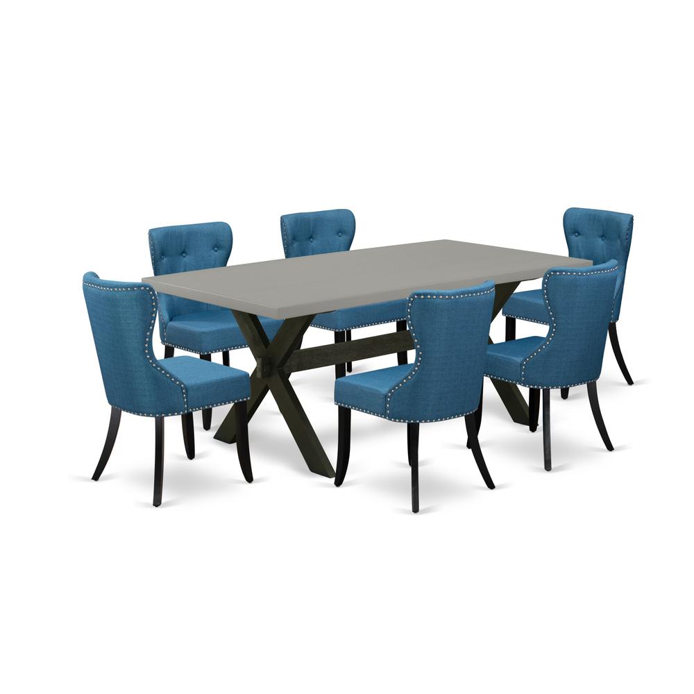East West Furniture X697SI121-7 7-Pc Dinette Set- 6 Parson Chairs with Blue Linen Fabric Seat and Button Tufted Chair Back - Rectangular Table Top & Wooden Cross Legs - Cement and Black Finish. Picture 1
