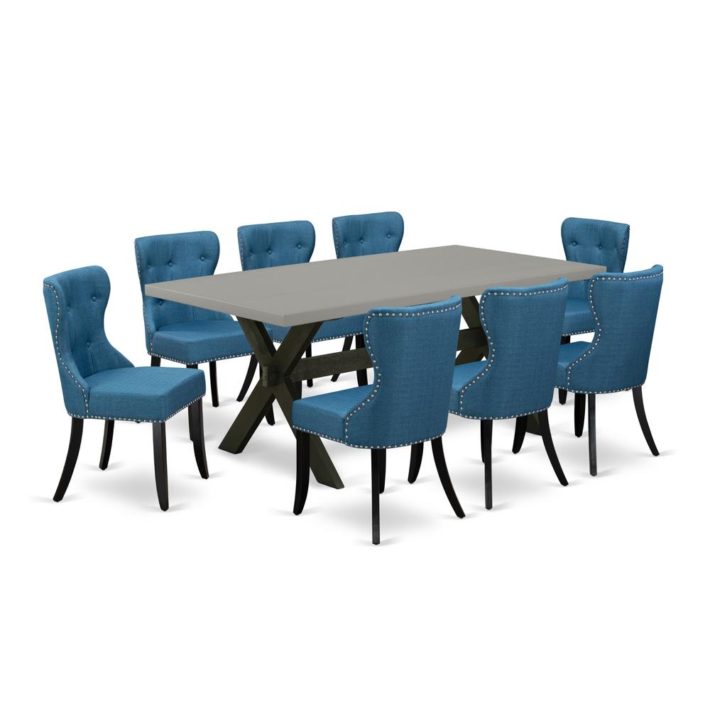 East West Furniture X697SI121-9 9-Pc Dining Room Set- 8 Mid Century Dining Chairs with Blue Linen Fabric Seat and Button Tufted Chair Back - Rectangular Table Top & Wooden Cross Legs - Cement and Blac. Picture 1