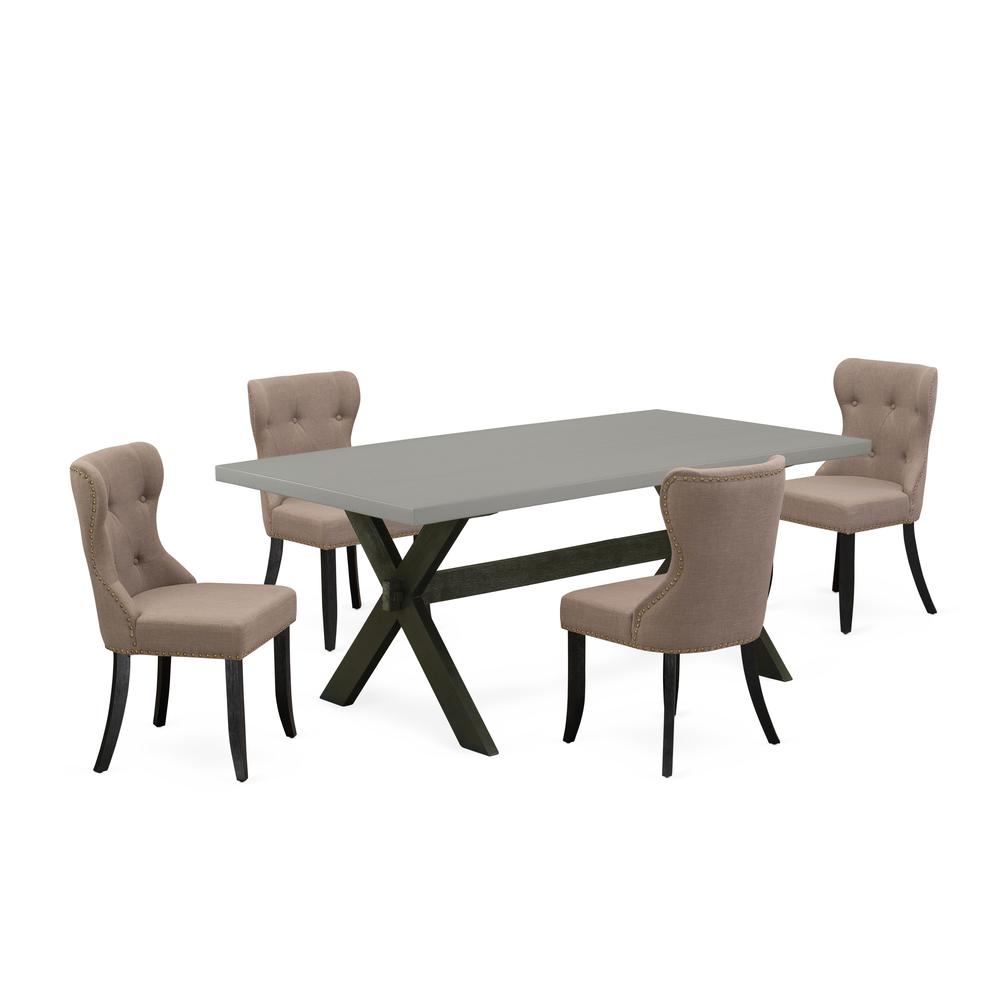 East West Furniture X697SI648-5 5-Piece Dinette Set- 4 Dining Room Chairs with Coffee Color Linen Fabric Seat and Button Tufted Chair Back - Rectangular Table Top & Wooden Cross Legs - Cement and Wire. Picture 1