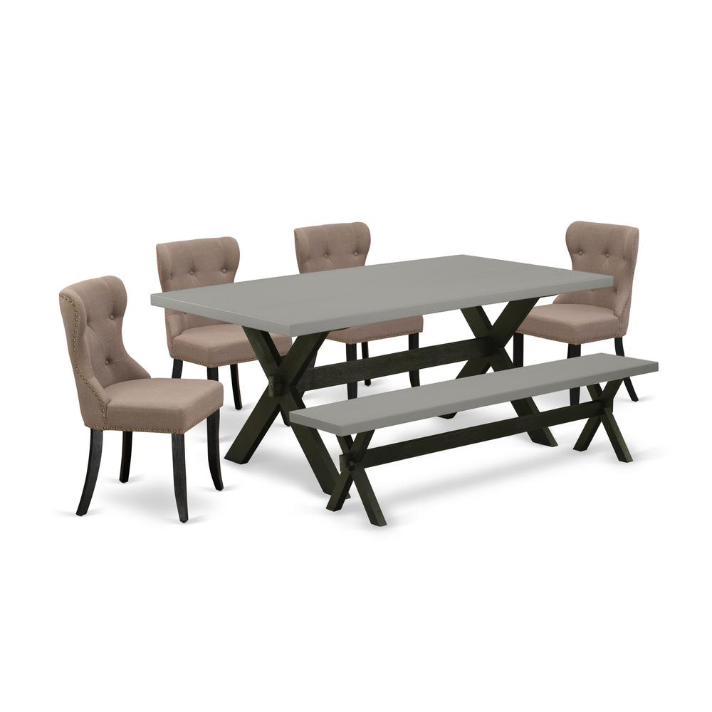 East West Furniture X697SI648-6 6-Piece Dinette Room Set- 4 Parson Chairs with Coffee Linen Fabric Seat and Button Tufted Chair Back - Rectangular Top & Wooden Cross Legs Kitchen Table and Dining Benc. Picture 1