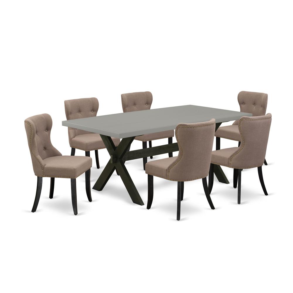 East West Furniture X697SI648-7 7-Piece Dining Room Table Set- 6 Dining Room Chairs with Coffee Linen Fabric Seat and Button Tufted Chair Back - Rectangular Table Top & Wooden Cross Legs - Cement and. Picture 1