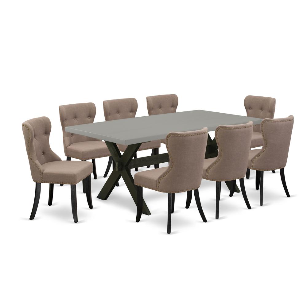 East West Furniture X697SI648-9 9-Piece Dinette Set- 8 Upholstered Dining Chairs with Coffee Linen Fabric Seat and Button Tufted Chair Back - Rectangular Table Top & Wooden Cross Legs - Cement and Wir. Picture 1