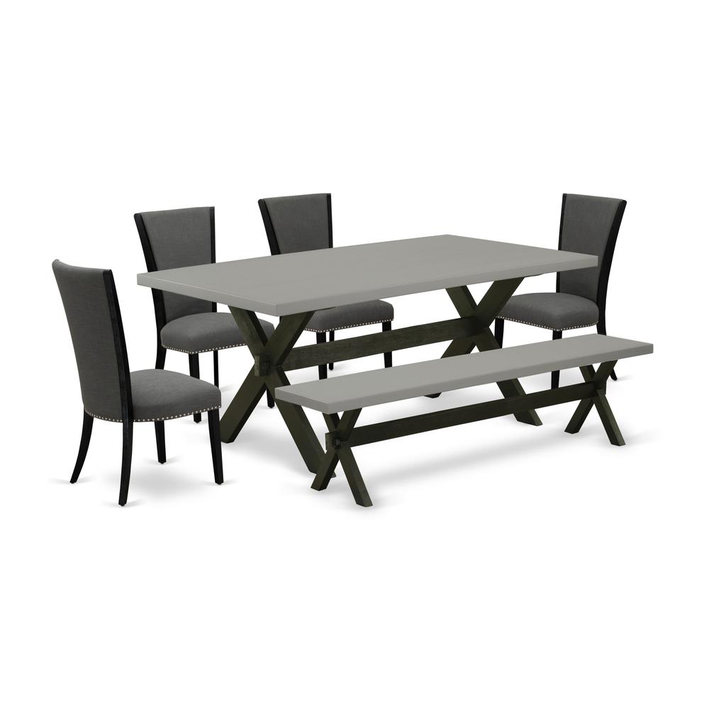 East West Furniture X697VE650-6 6 Piece Dining Set - 4 Dark Gotham Grey Linen Fabric Comfortable Chair with Nailheads and Cement Wooden Dining Table - 1 Small Bench - Black Finish. Picture 1