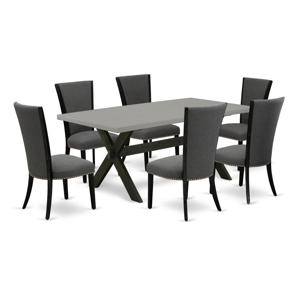 East West Furniture 7 Piece Dinner Table Set Includes a Cement Dining Room Table and 6 Dark Gotham Grey Linen Fabric Dining Room Chairs with High Back - Wire Brushed Black Finish. Picture 2